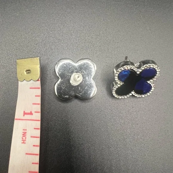 X Shaped Blue and Black Enamel Earrings with Silver Tone and Rhinestones - Picture 3 of 3